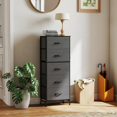 5 Drawer Dresser With Fabric Bins, Sturdy Steel Frame And Wood Top, Storage Organizer Chest For Bedroom, Closet, Hallway, Gray