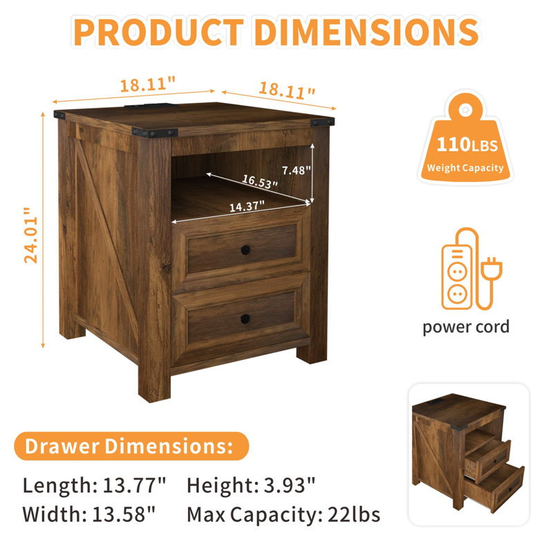 Nightstands With Charging Station, Rustic 18 Inch Bedside Table With 2 Storage Drawers And Open Shelf, Brown, Set of 2