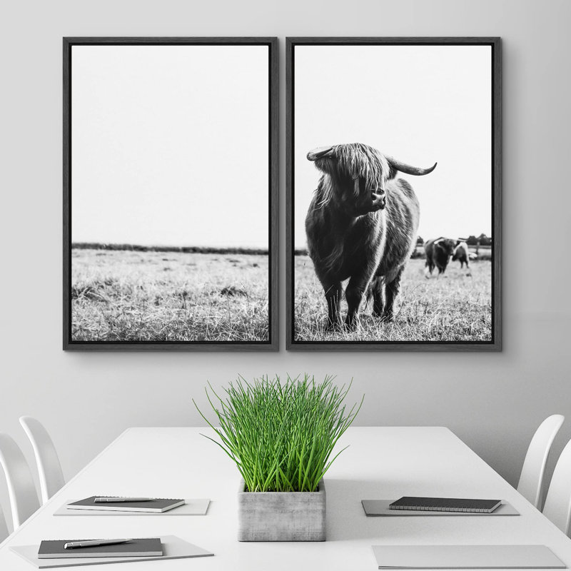 Bouvier noir et blanc Hignland dans une ferme de campagne, animaux sauvages, photographie moderne, rustique, 2 pièces, Noir
