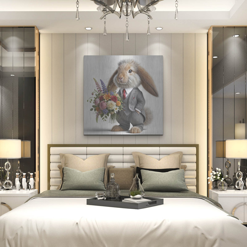  «Formal Bunny With Flowers» par Rey Klimt, art mural en métal, 24 po x 24 po, H 36 po x l 36 po
