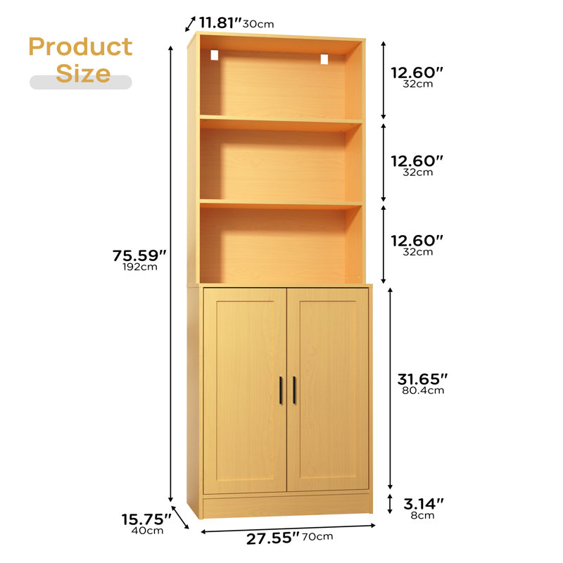 75" Tall Bookcase With Doors, 5 Tier Large Bookshelf With Cabinet, Standing Wood Display Book Shelf For Living Room, Office, Library With Doors