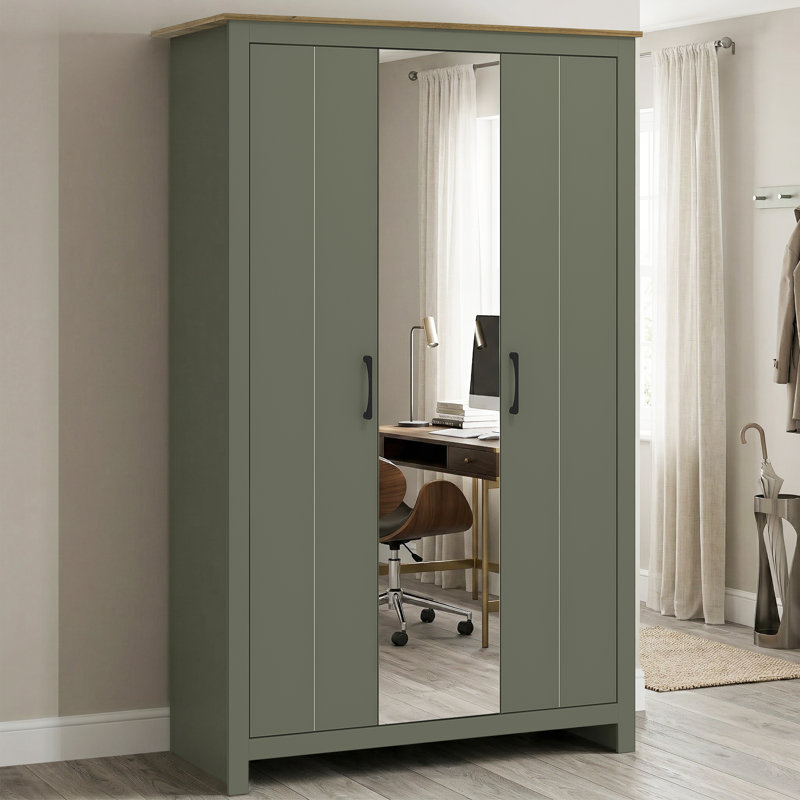 Limestone Betros 3 Door Wardrobe with Mirror, Kale Green/Reviera Eichi