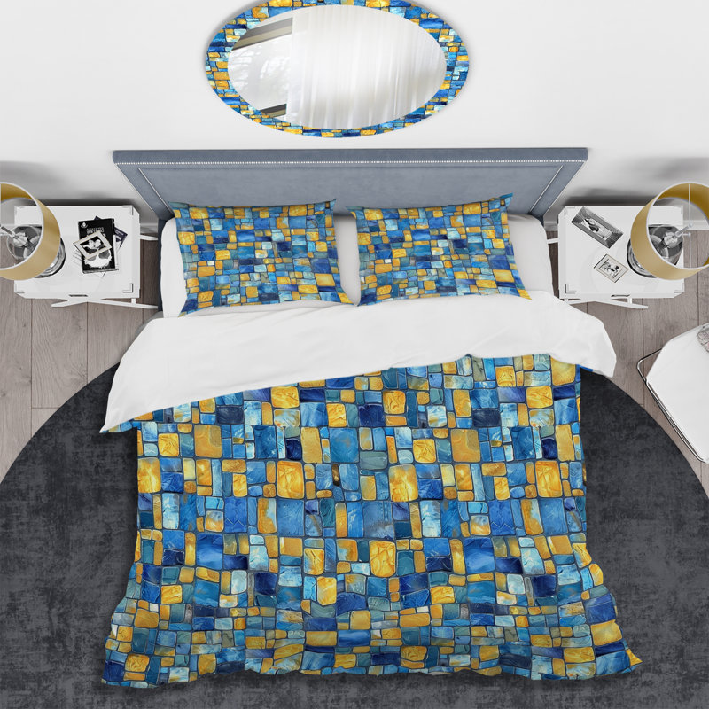 Carreaux de mosaïque bleu jaune II - ensemble de housse de couette moderne, Housse de couette simple + 2 taies décoratives st
