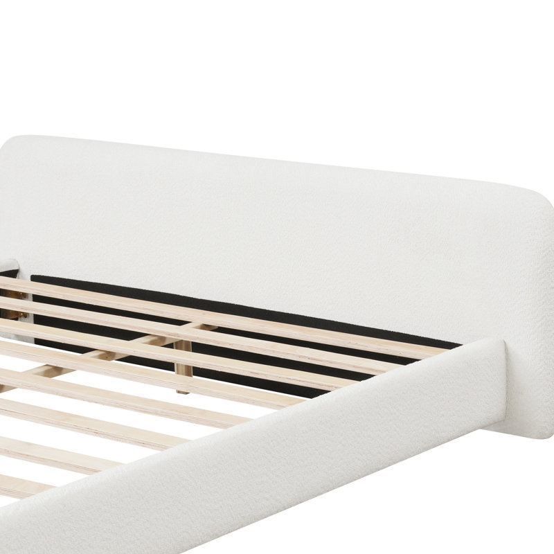 Très grand lit tapissier blanc Boucle, tissu et bois, répartition uniforme du poids, surface de couchage confortable, facile à assembler, sans sommier, sans effort
