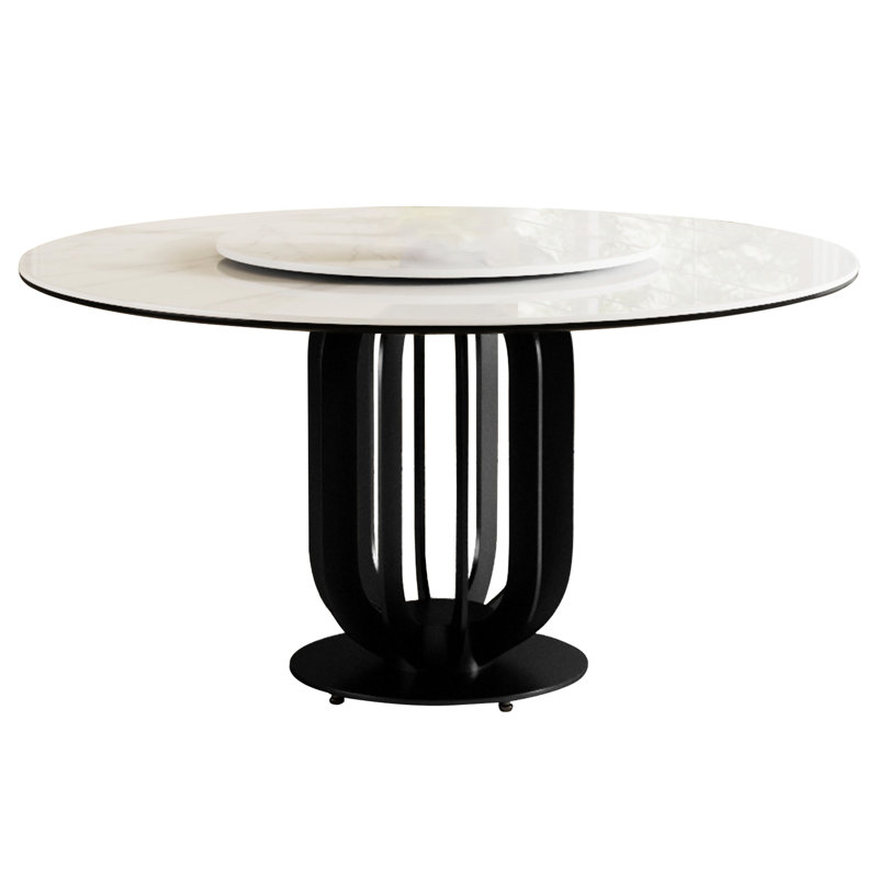 Table de salle à manger 59 "en pierre frittée ronde 59" avec structure en acier au carbone noir et 31,5 "aspect paresseux, aspect de marbre, égratignure, 8 sièges 10, tournant à 360 °, convient aux banquets de cuisine