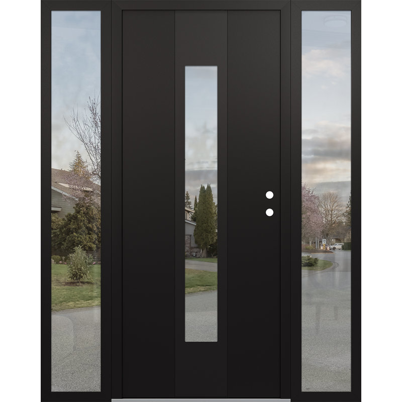 Porte d'entrée pré-suspendue en acier noir à panneau droit avec deux côtés, L 65,69 po x H 81,69 po, Transparent