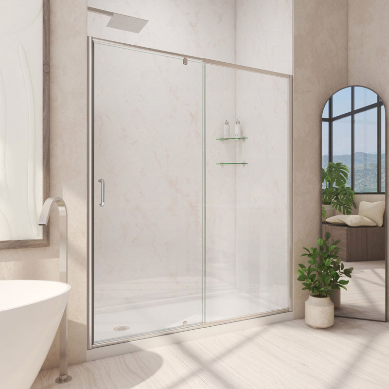 Flex 60" W x 30" D x 74.75" H Semi-Frameless Rectangle Pivot Shower Enclosure with Base Included, Left, Brushed Nickel/White