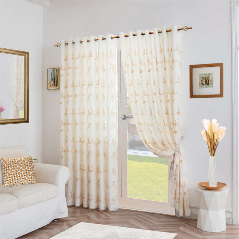 Zapata Leaf Embroidered Voile Ring Top Curtains Pair, 147cm Width x 137cm Drop, Gold