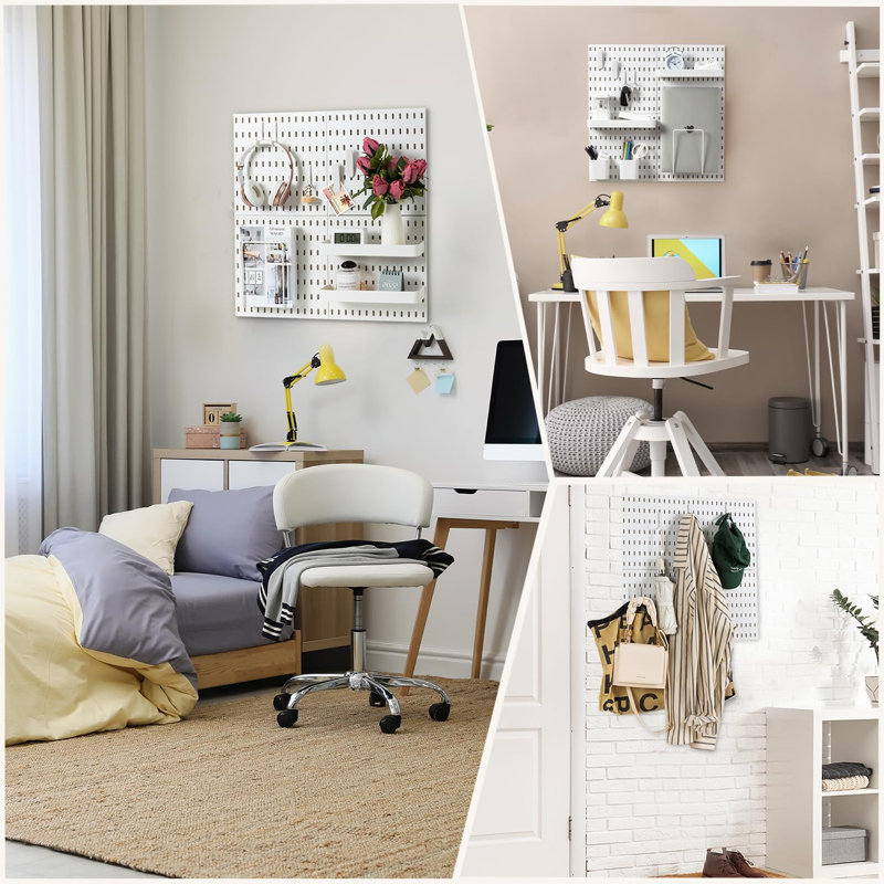 Ensemble de panneau mural perforé pour panneau perforé, 4 panneaux perforés et 17 accessoires de suspension modulaire, ensembles de panneaux perforés muraux, 22 po x 22 po, blanc