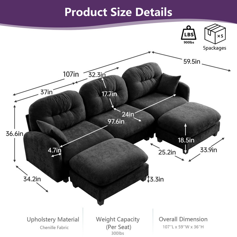 Canapé modulaire en U à 3 places avec 2 repose-pieds Hiltz, tissu en chenille de qualité supérieure, dossier plissé matelassé, mousse à haute densité et support à ressorts, canapé incurvé ergonomique