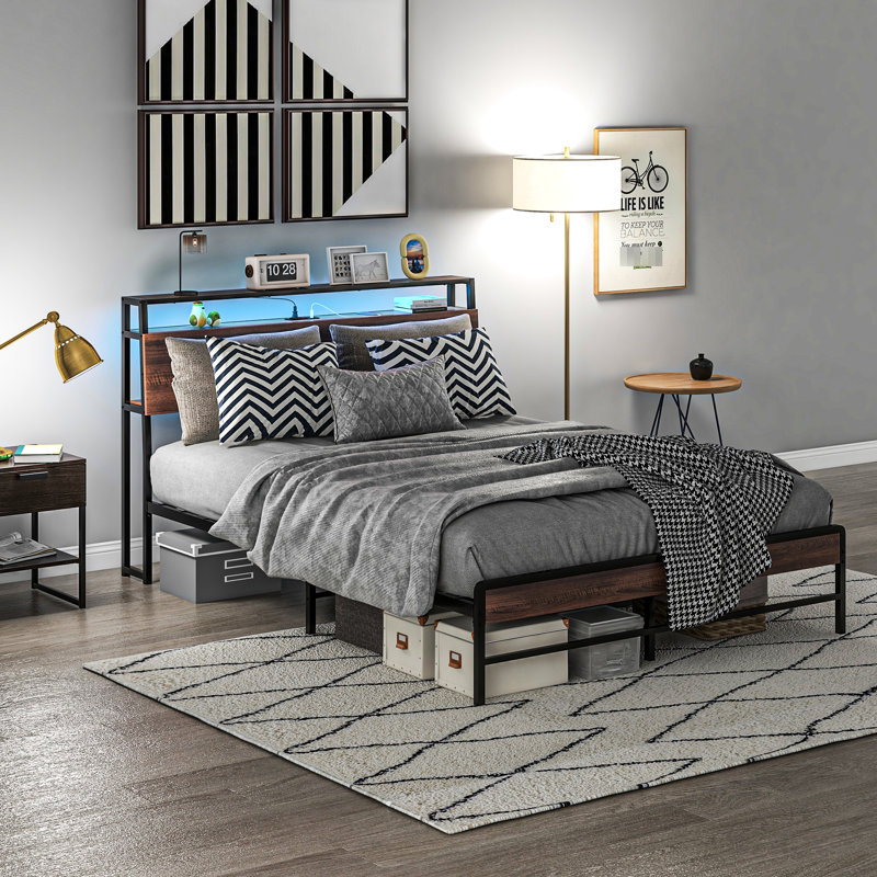Queen Size Platform Bed Frame, Headboard With Advanced Led Lights, Charging Station & 3 Shelf, Steel Slats, Effortless Setup, Walnut Lights Space Optimization, Simple