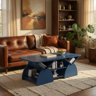 Table basse de coin rectangulaire arrondie en bois d'ingénierie pour le salon, table de rangement facile à assembler avec tablettes ouvertes Structure robuste pour la salle de réception, table basse moderne à motif géométrique BLEU