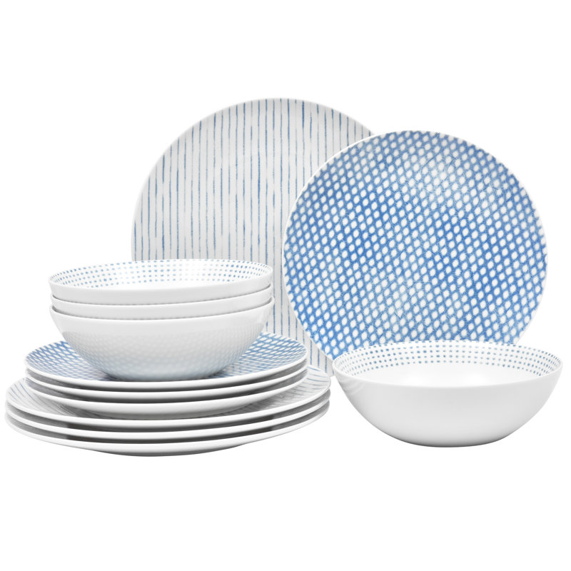 Blue and White Porcelain 12-Piece Dinnerware Set, Service for 4