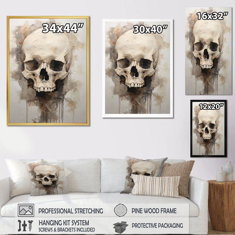 «Skeletal Elegance - Skull», art encadré, H 32 po x l 16 po x P 1 po, Cadre doré simple