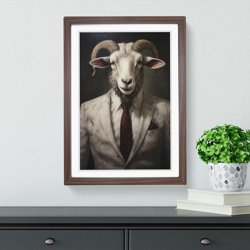 Ram Sheep In A Suit No.5 - Single Picture Frame Print on Wood, 34cm H x 25cm W x 2cm D, Walnut 