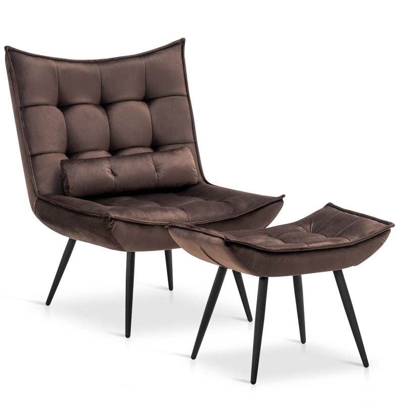 Cellan Accent Chair With Ottoman, Velvet Modern Tufted Wingback Club Chair, Brown 