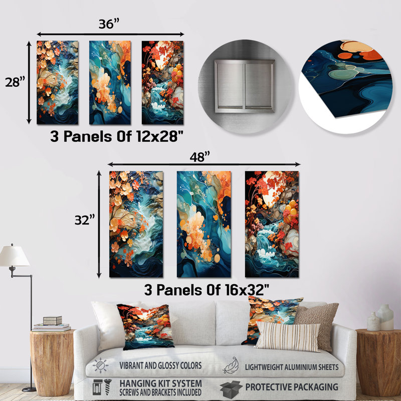 Whimsical Lakes Rivers Waterscapes - Abstract Collages, ensemble de 3 impressions sur métal, H 32 po x l 48 po