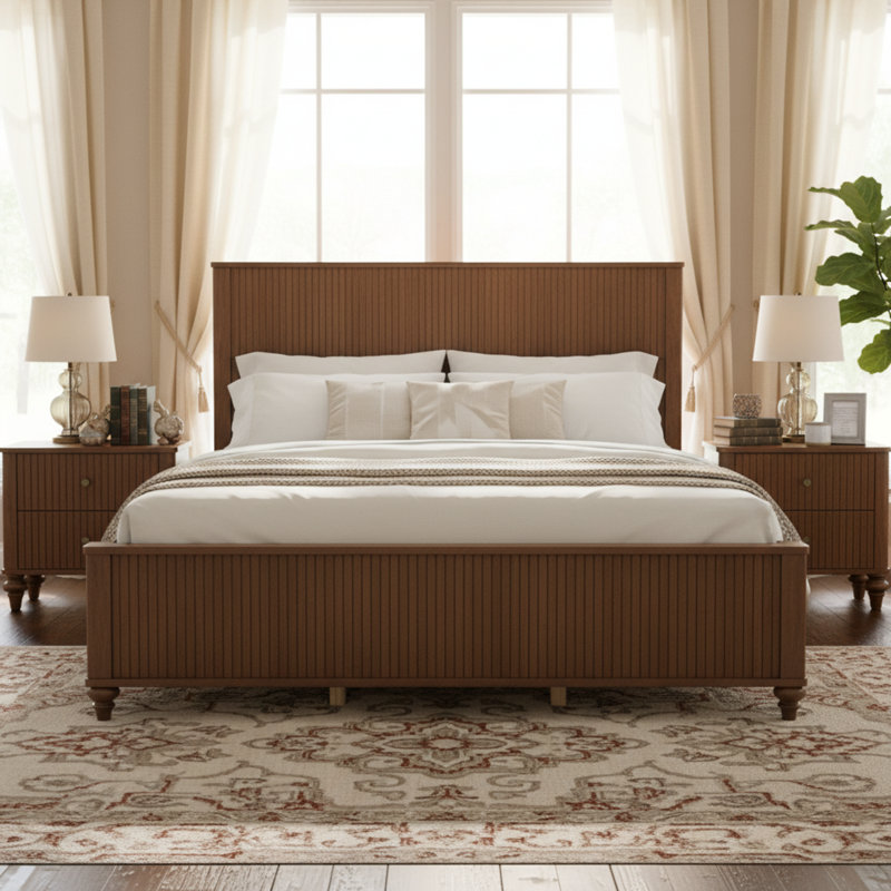 Camak 3-Piece Mid-Century Modern Wooden Bedroom Set With Platform Bed And 2-Drawer Nightstands, Walnut, King