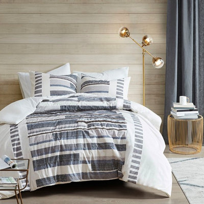 Housse de couette très grand / très grand en coton - taupe bleu gris 100% doux texturé, revers blanc et bordure en chenille sécurisée 4 attaches de coin Fermeture à boutons cachés Facile à laver Imprimé 3 pièces