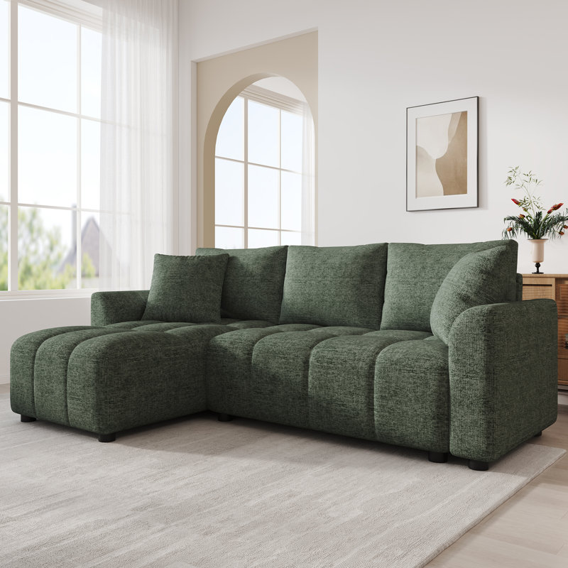 3 Seater Chenille Chaise End Sofa, Green
