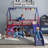 Jack Metal Junior House Twin Loft Bed with Slide and Curtain Set, Super Hero Color Red and Blue-584709536