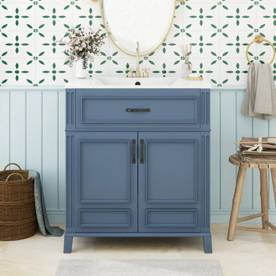 Meuble-lavabo de 30 po avec lavabo en céramique, armoire de rangement en bois massif avec portes à fermeture douce, style rétro