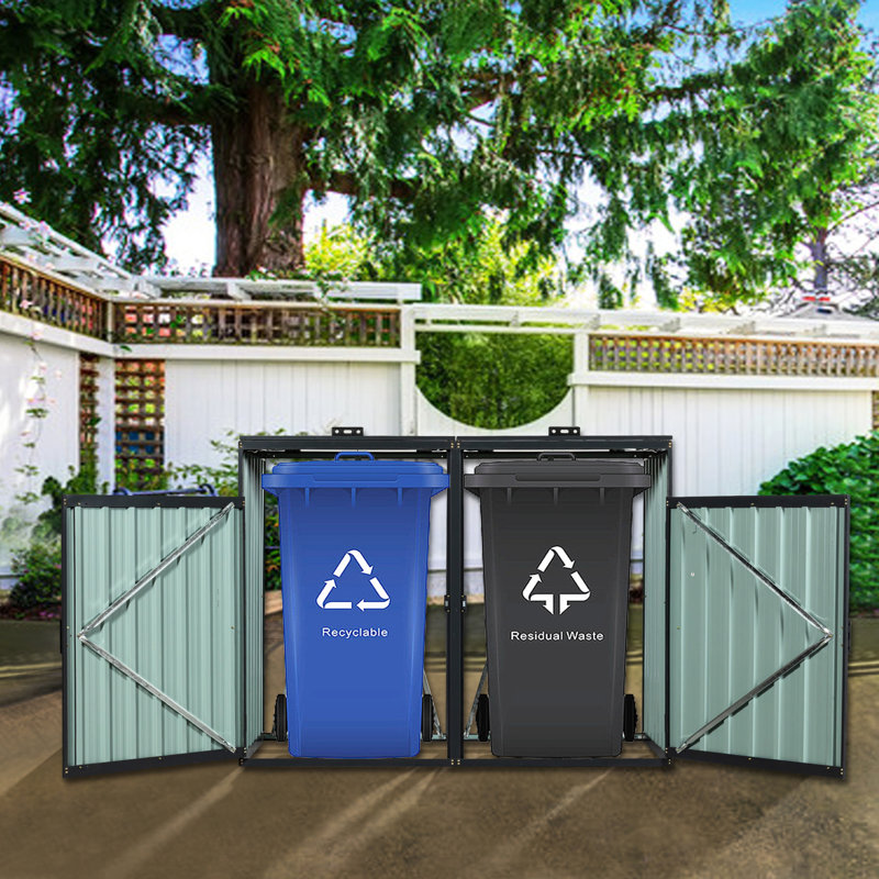 Remise en métal pour poubelle de jardin - 63,55 po de profondeur, acier galvanisé, ventilé, fer à repasser verrouillable, capacité de 2 poubelles, largeur de 31,28 po, facile à assembler