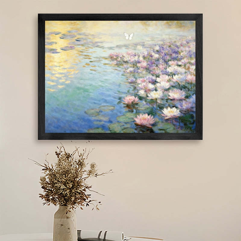 Reproduction d'art encadrée noire de fleurs de glycine rétro reflétée sur l'eau, H 11 po x l 9 po