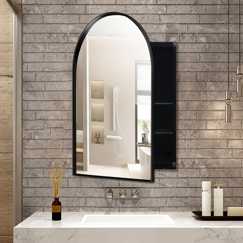 Armoire de salle de bain en métal avec cadre encastré arqué de 24 po x 36 po, noir mat avec miroir et tablettes de rangement réglables