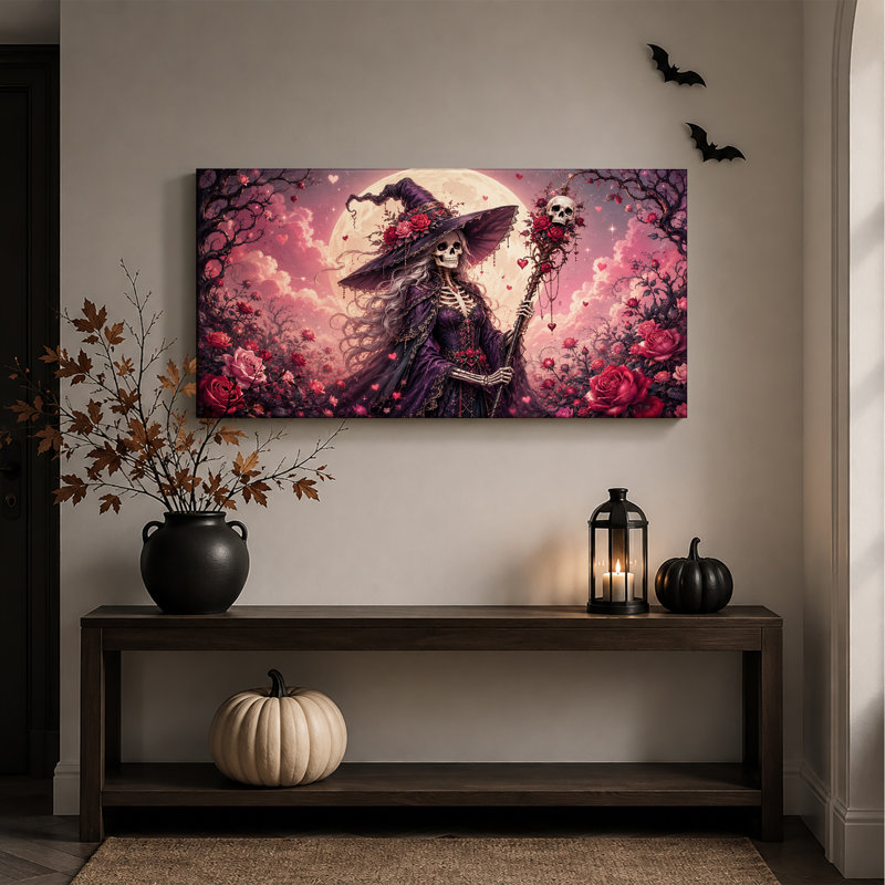 Sorcière squelette coiffée d'un chapeau violet orné de roses, avec une toile murale d'Halloween, L 40 po x H 20 po