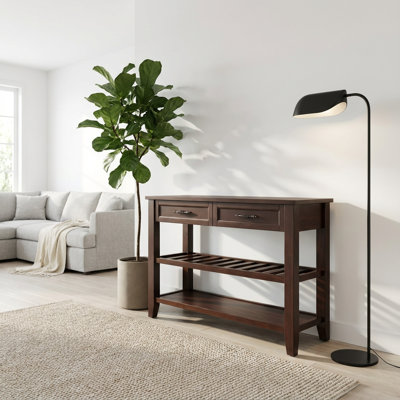 Console en bois massif de style Mid-Century avec deux tiroirs de rangement et deux tablettes ouvertes