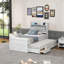 Lit simple en bois avec tête de lit avec prises de courant, lit extensible avec lit gigogne simple avec trois tiroirs de rangement, blanc