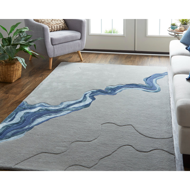 Tapis en laine Arwyn Modern, gris / bleu, 5 po x 8 po, Rectangle 10 pi x 14 pi