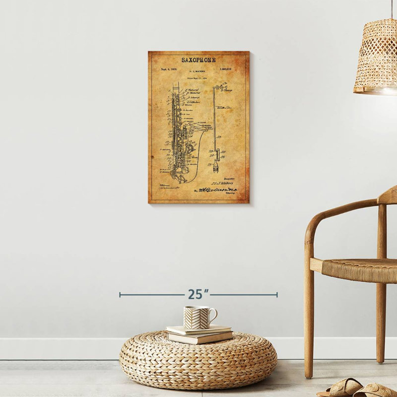 Brevet de saxophone sur toile, H 24 po x l 16 po x P 1,25 po