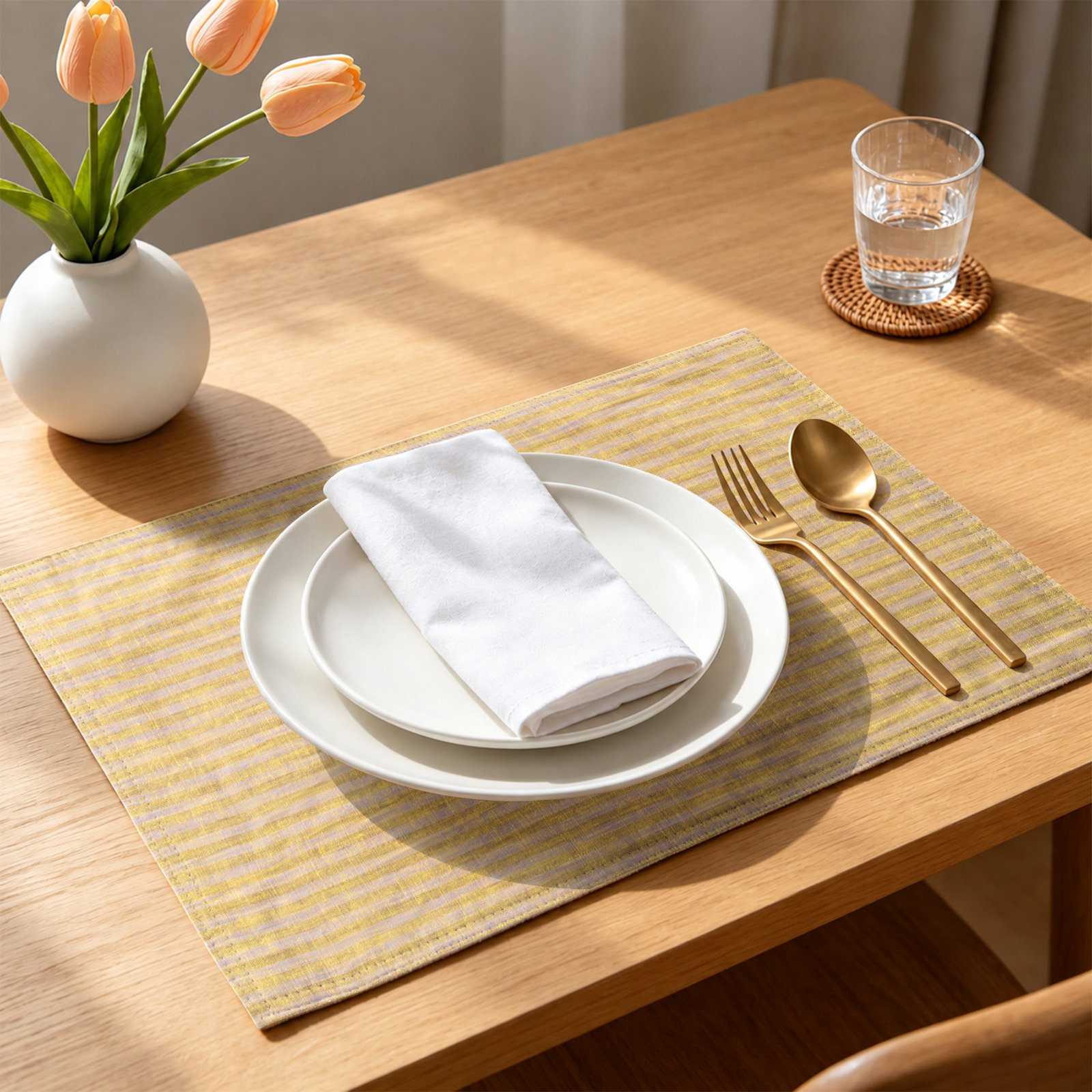 100% Linen Striped Placemat, Yellow