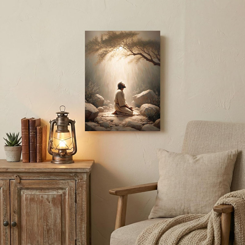 Framed Jesus Wall Art, Divine Mercy Religious Wall Decor, Christian Inspirational Poster Print, Jesus Praying In The Garden Of Gethsemane Canvas Painting For Church Prayer Room