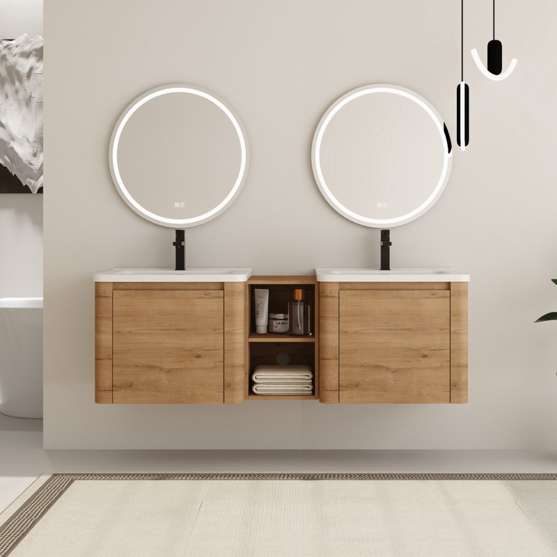 Ensemble de meuble-lavabo double 60 po avec plateau en céramique Walden, 60", Imitation chêne