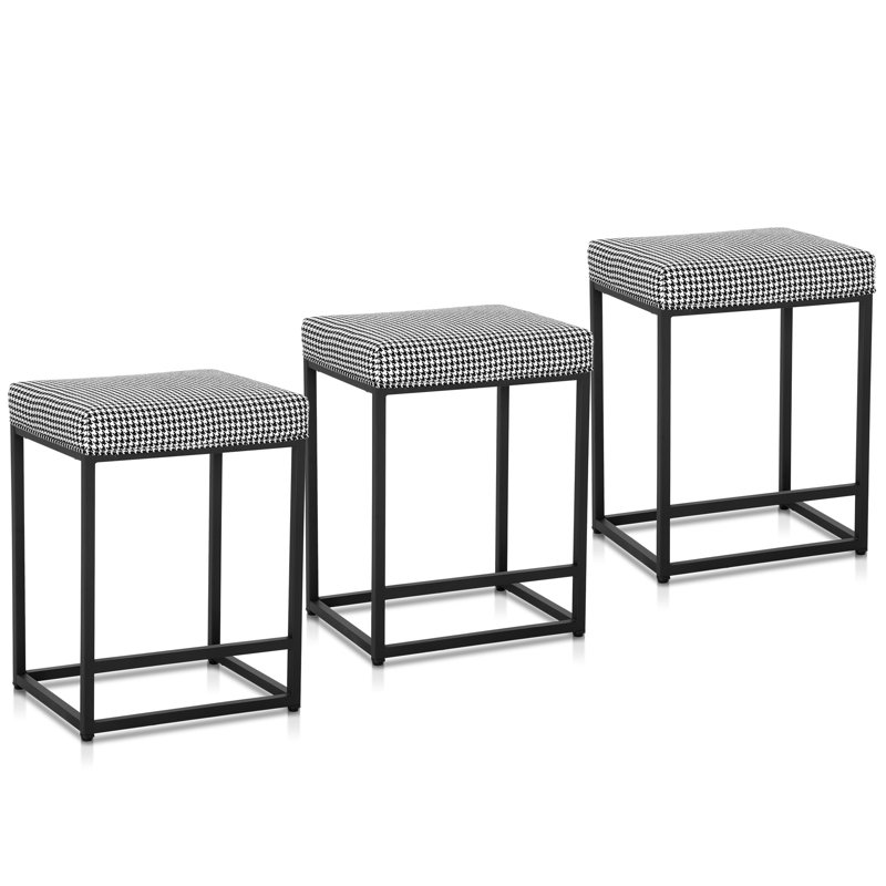 Tabourets de bar (ensemble de 2), Noir / pied-de-poule blanc, 3