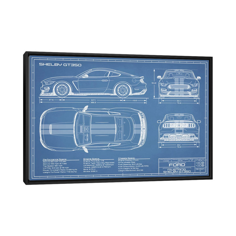 GT350 Shelby (2015-2019) Blueprint-impression de dessin, H 18 po x l 26 po x P 1,5 po, Toile avec cadre noir, Pas de tapis