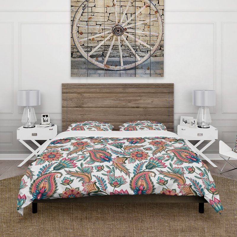 Orange And Blue Paisley Flowers - Bohemian Duvet Cover Set - Microfiber Polyester, King Duvet Cover + 2 King Shams, White