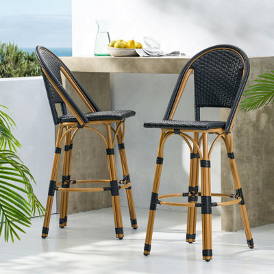 29.5" Outdoor PE Rattan And Aluminum French Barstools, Set Of 2, Black And Bamboo Finish