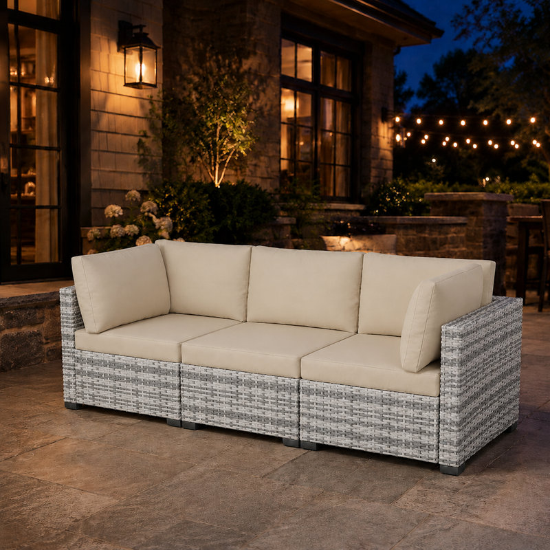 Ensemble de patio en rotin 3 pièces avec coussins, Gris/beige, 3 pièces