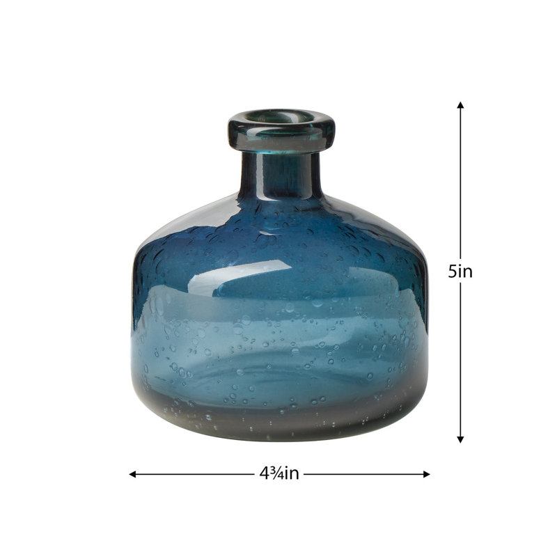 5" Blue Clear Glass Bottle Vase, Blue, 5 inch