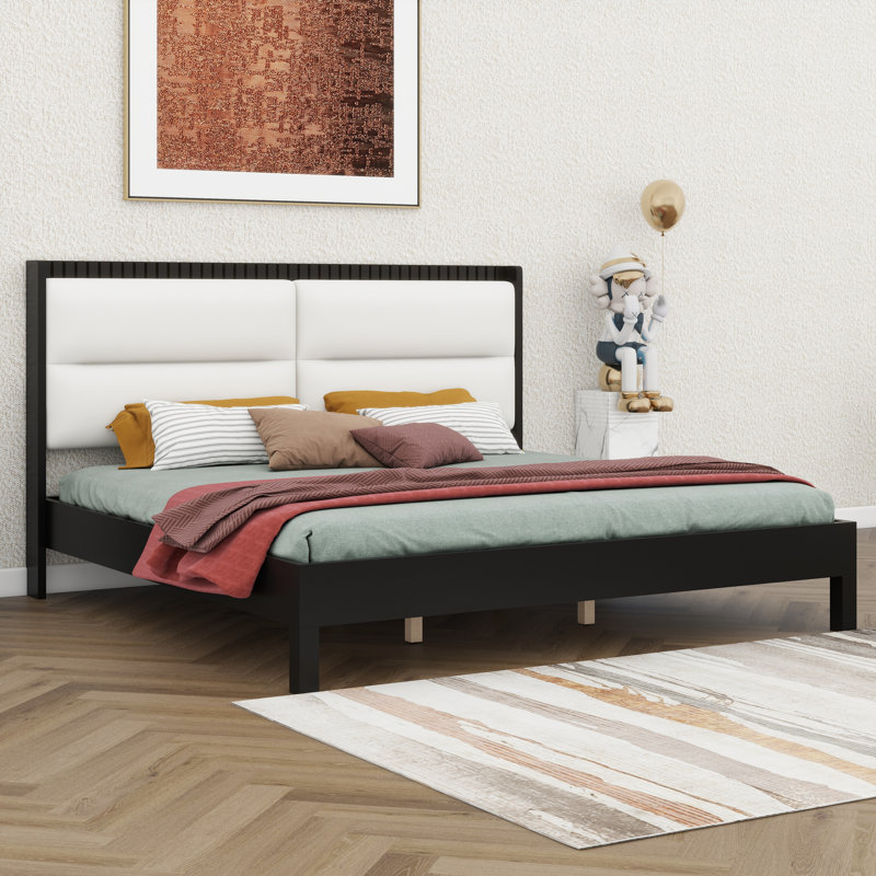 Cadre de lit plateforme en bois avec tête de lit tapissier en velours, cadre de lit moderne Mid-Century, Très grand lit