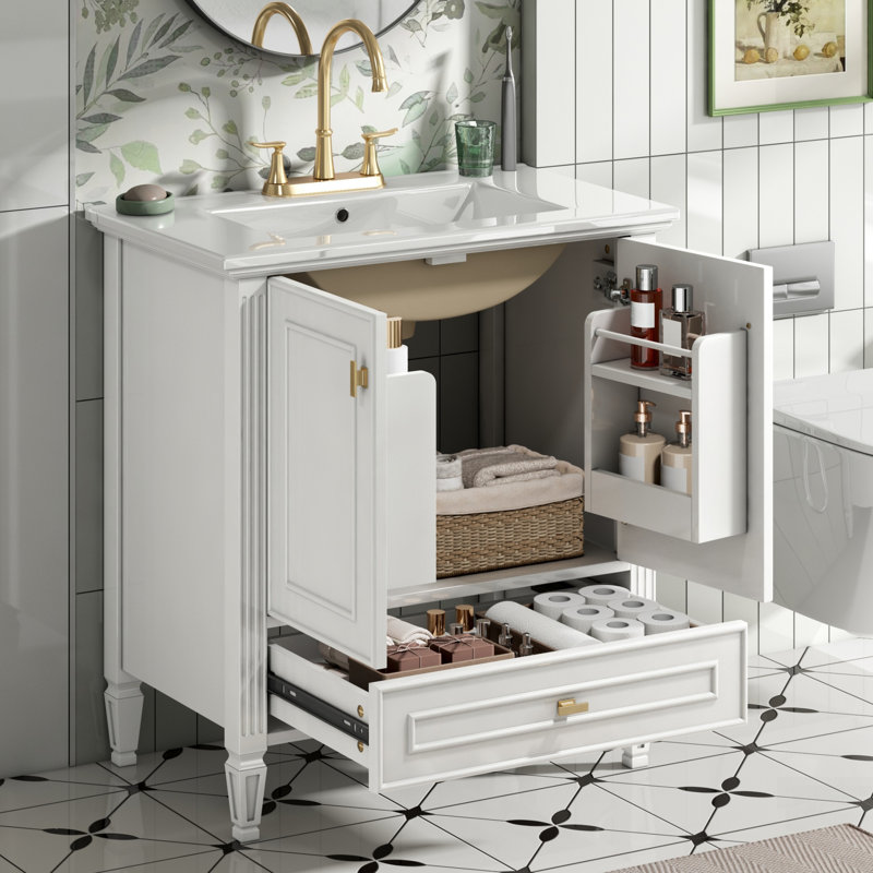 Meuble-lavabo de salle de bain avec lavabo, conception autoportante avec 1 tiroir et 2 portes à fermeture en douceur, structure et pieds en bois massif