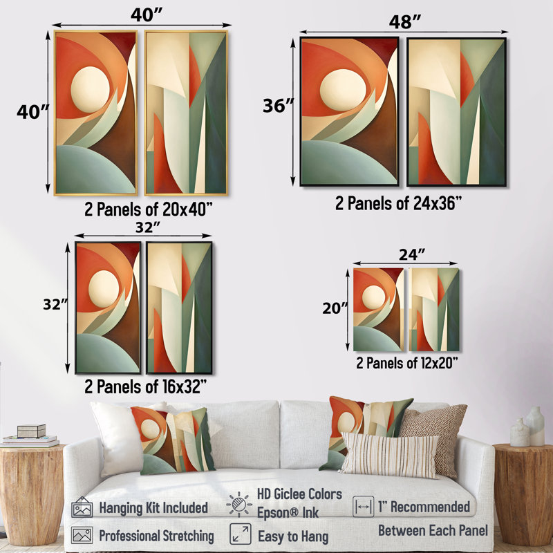 Visions symétriques orange et vertes - art mural moderne, H 32 po x l 32 po, Impression encadrée flottante sans passe-partout