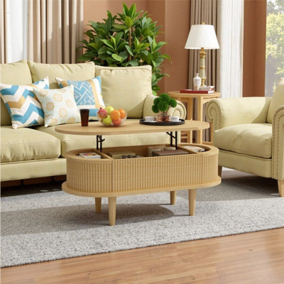 Modern Fluted Lift Top Coffee Table with Hidden Storage, Natural Wood Lift-Top Centre Table for Living Room & Small Spaces, 45''L