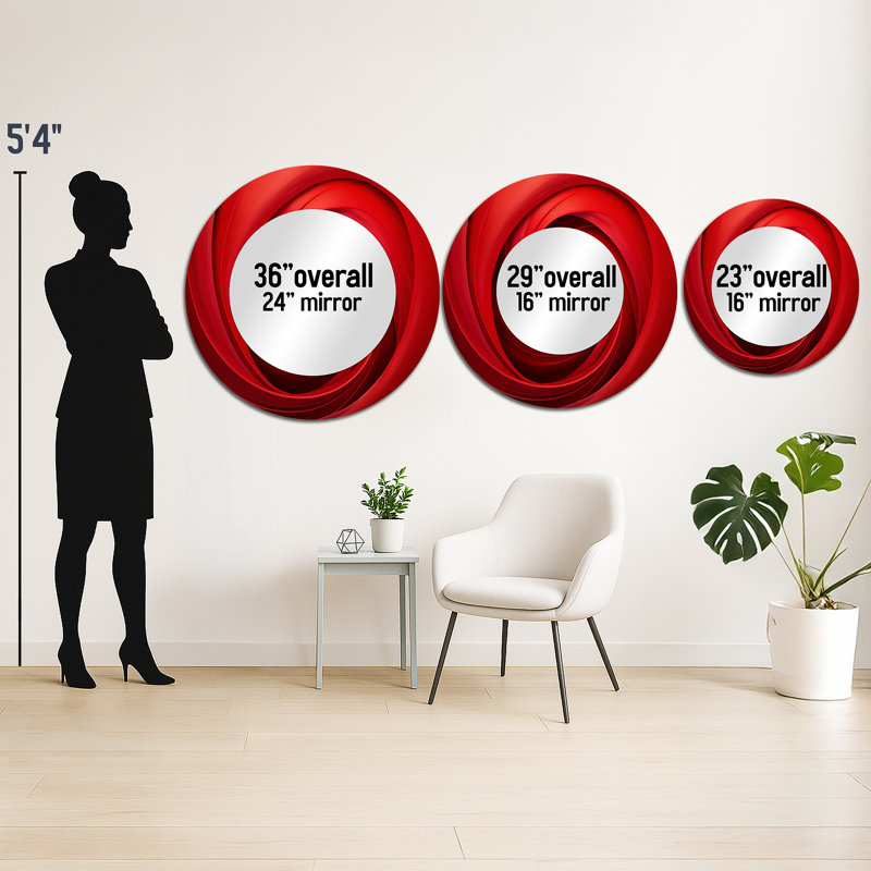 Red Perpetual Pulse Vortex I - Abstract Spirals Large Wall Mirror, Modern Round Unique Mirror, Printed Metal Art, 36" x 36"