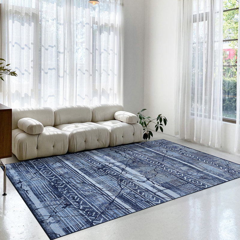 Washable Area Rug 5 x 7 Geometric Throw Rug Non-Slip Backing Modern Marble Accent Carpet Blue, Blue, Rectangle 5' x 7'