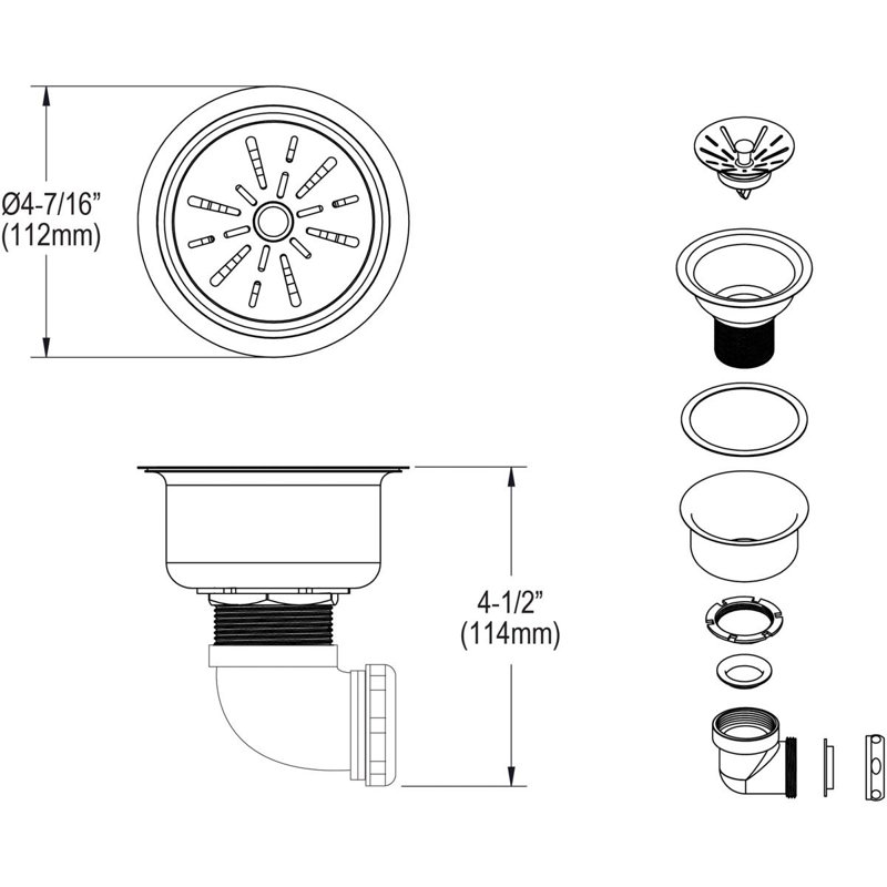 4" Basket Strainer Kitchen Sink Drain, Chrome plated brass with 90° elbow